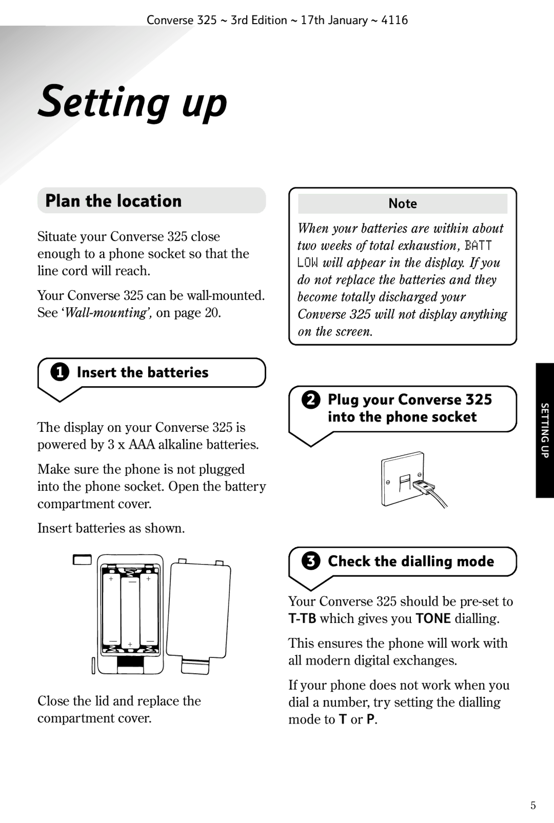 BT 325 manual Setting up, Plan the location, Insert the batteries 