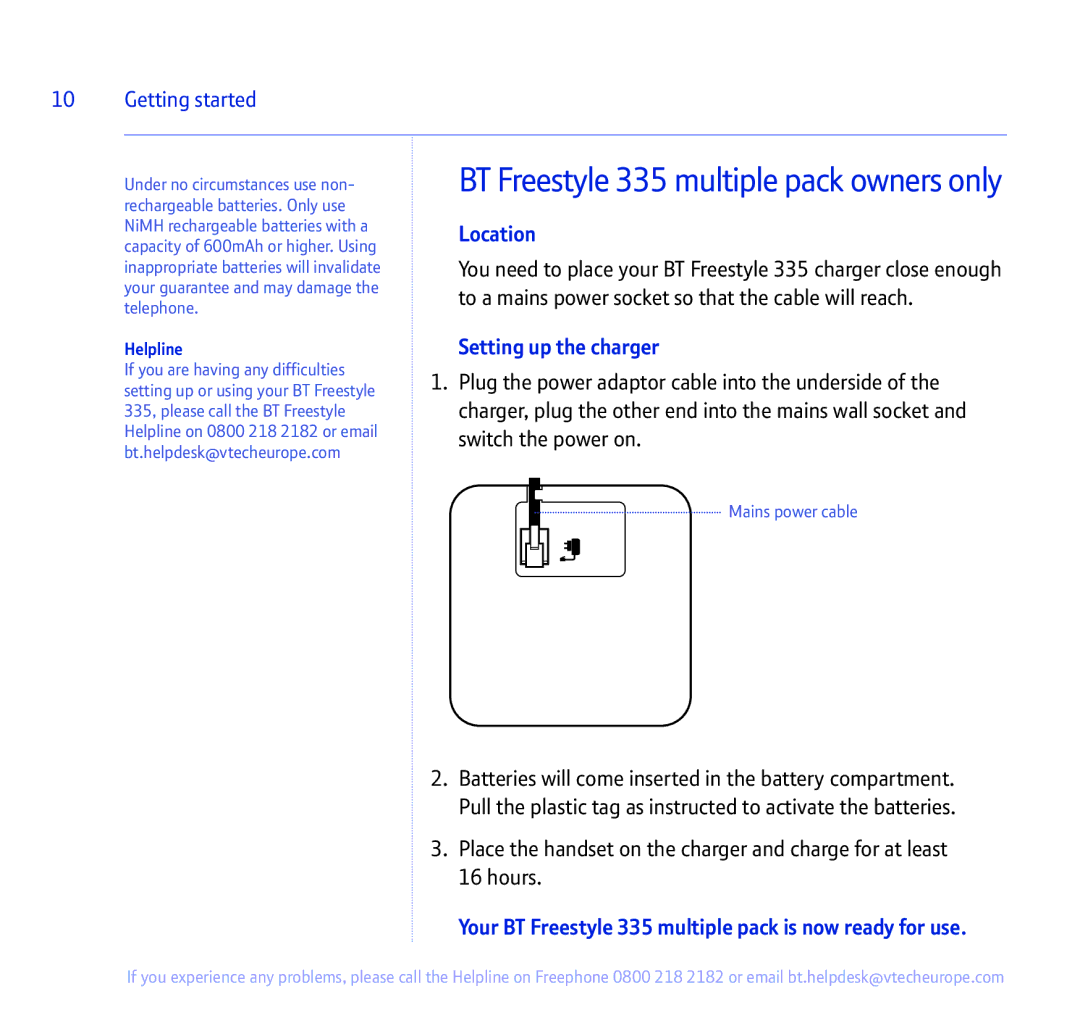 BT manual Setting up the charger, Your BT Freestyle 335 multiple pack is now ready for use, Helpline 