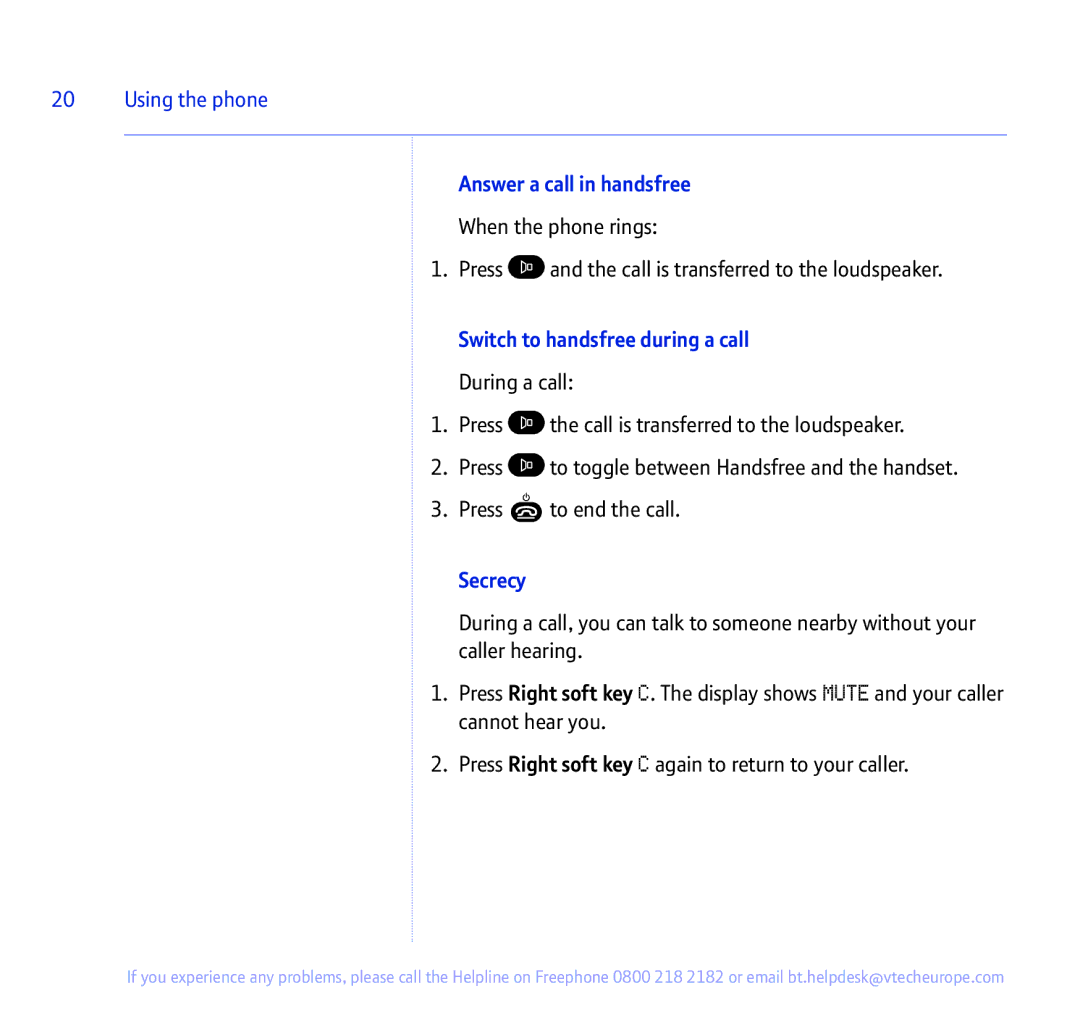 BT 335 manual Answer a call in handsfree, Switch to handsfree during a call, Secrecy 