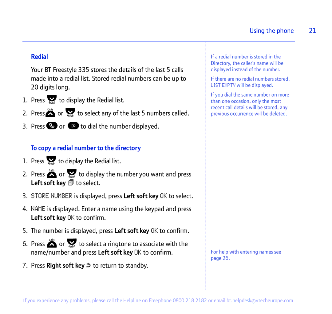 BT 335 manual Redial, To copy a redial number to the directory 