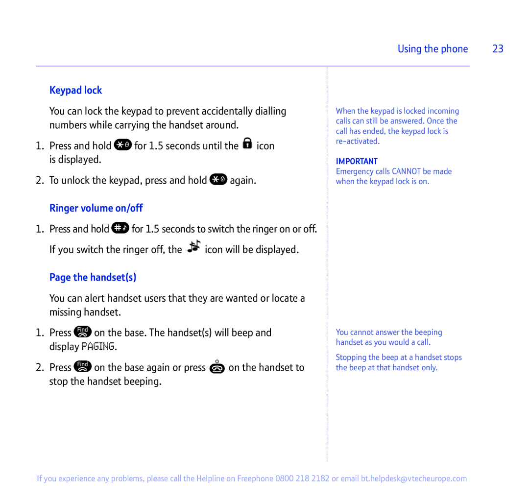 BT 335 manual Keypad lock, Ringer volume on/off, Handsets 