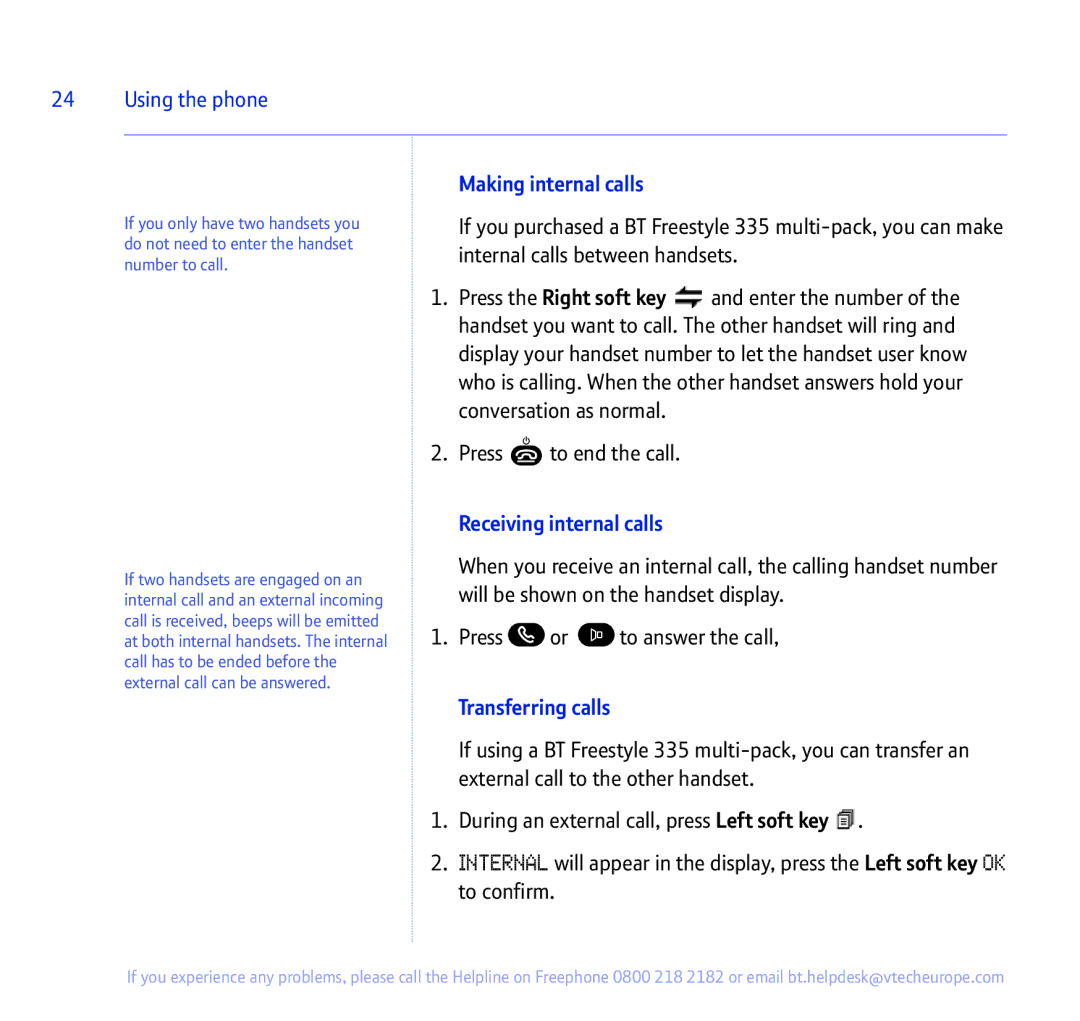 BT 335 manual Making internal calls, Receiving internal calls, Transferring calls 