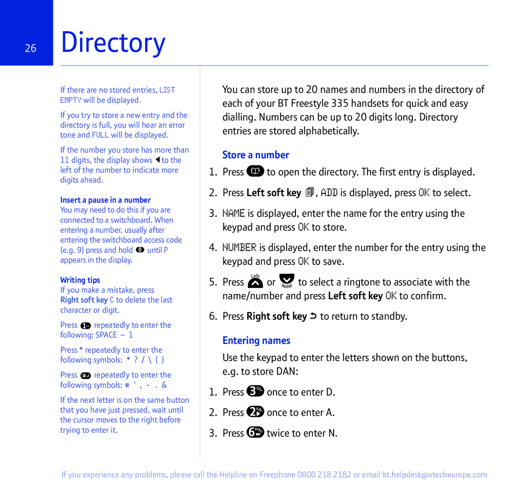 BT 335 manual Directory, Store a number, Entering names, Insert a pause in a number, Writing tips 