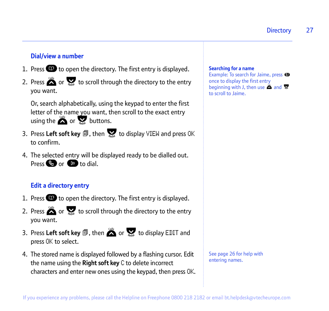 BT 335 manual Dial/view a number, Edit a directory entry, Searching for a name 