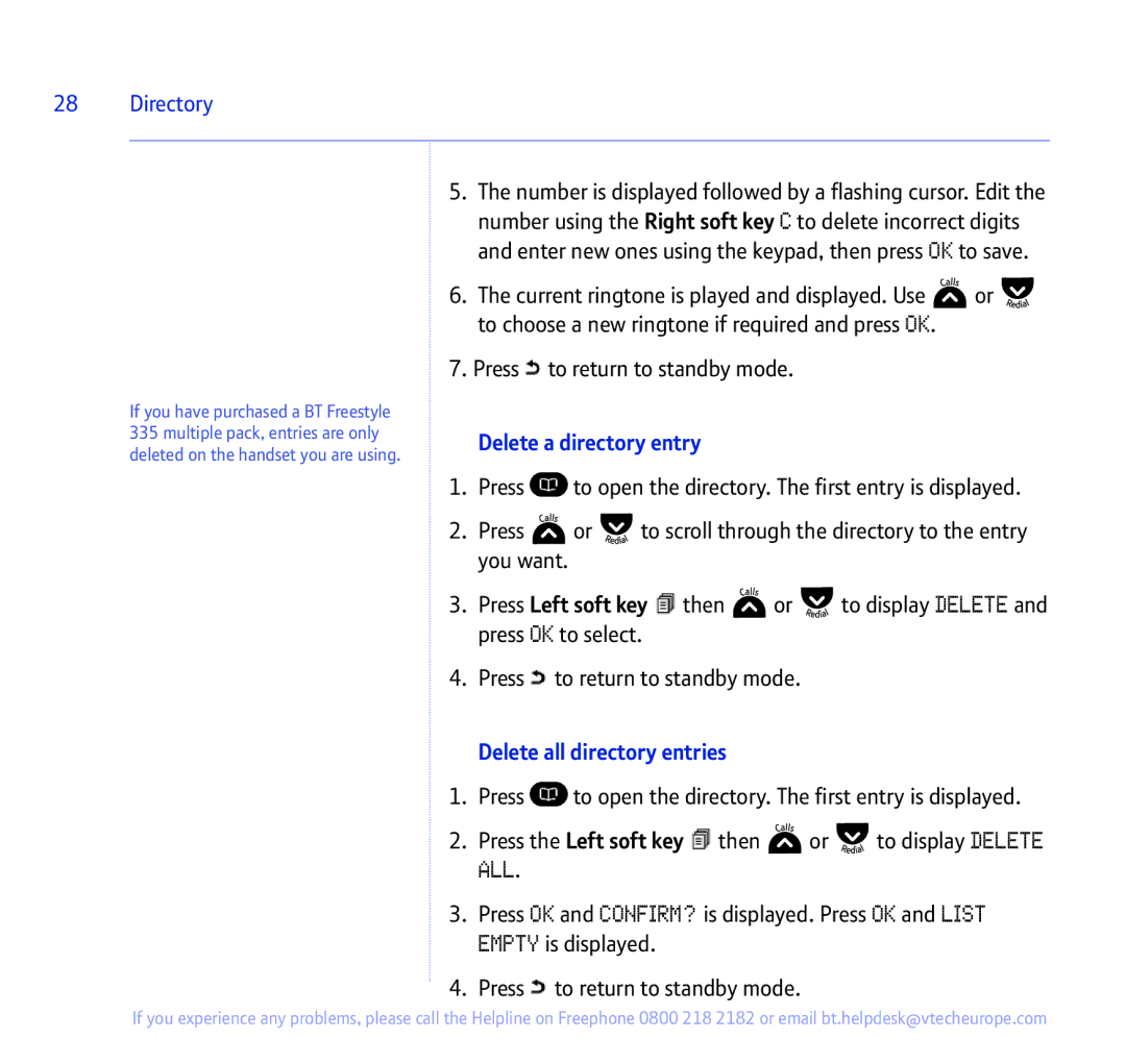 BT 335 manual Delete a directory entry, Delete all directory entries 