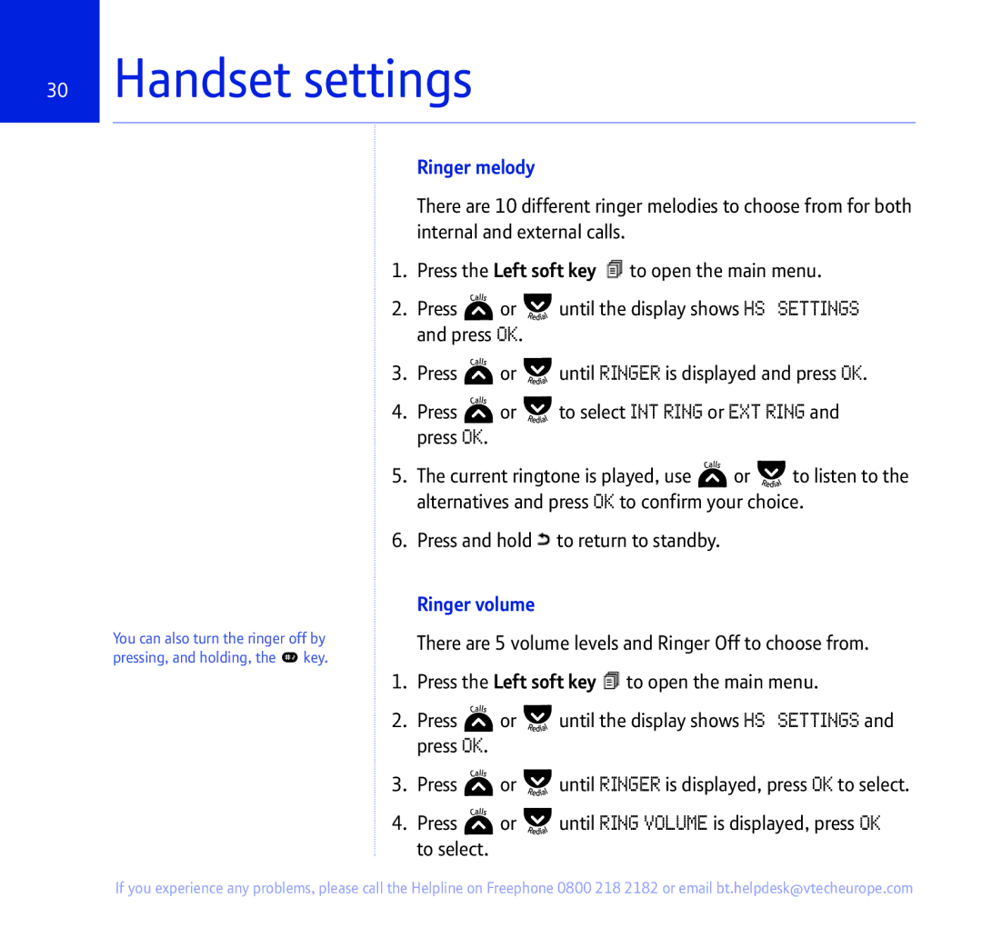 BT 335 manual Handset settings, Ringer melody, Ringer volume 