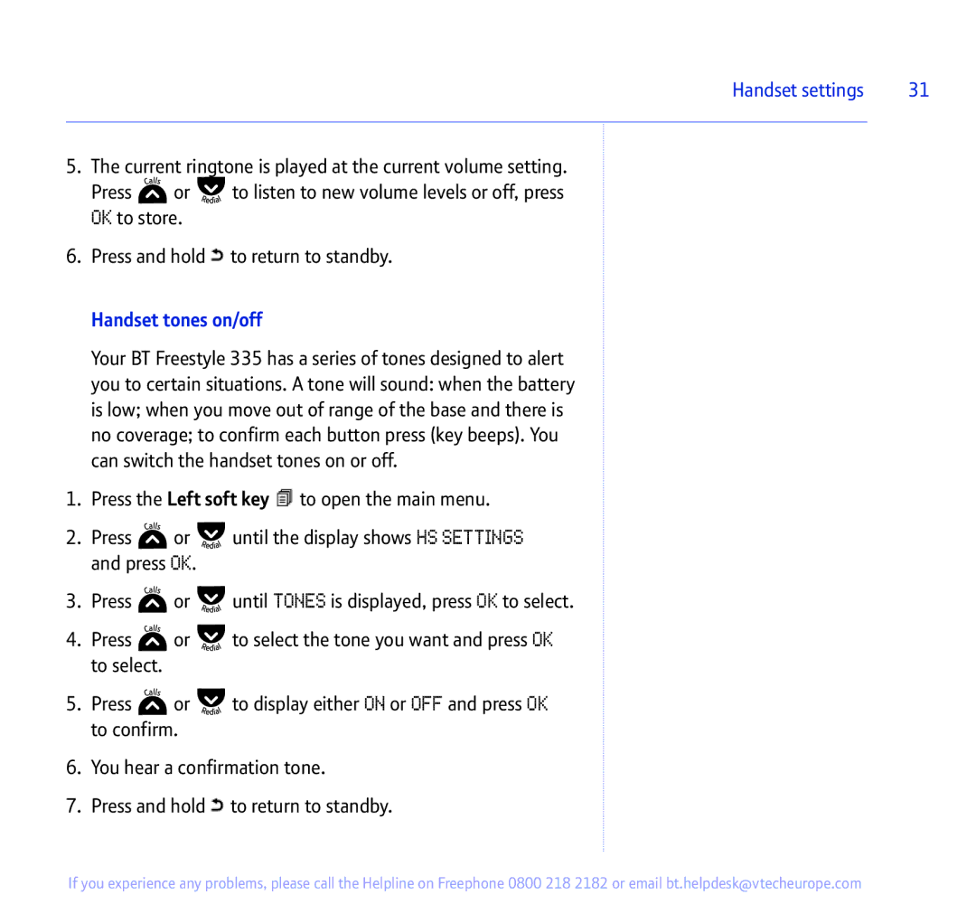 BT 335 manual Handset settings, Handset tones on/off 