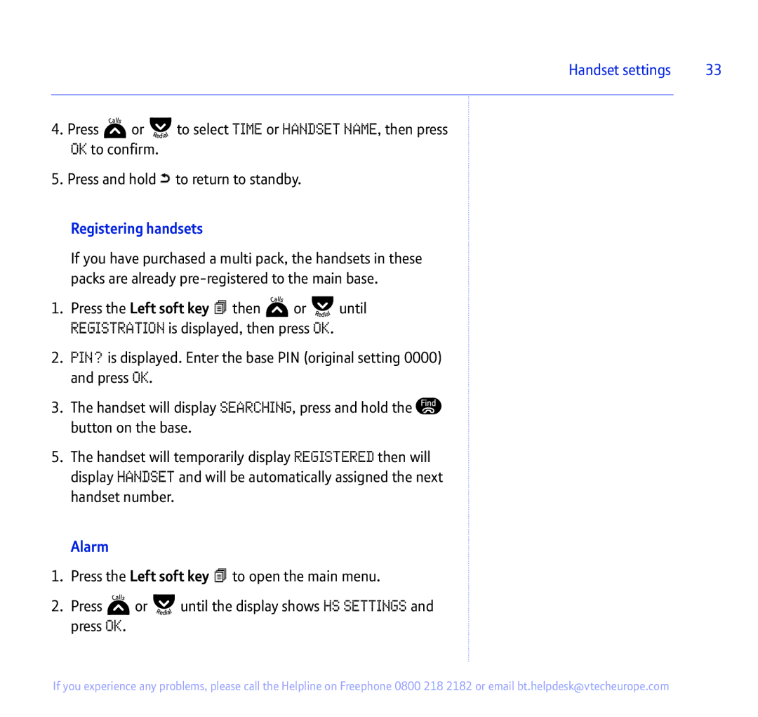 BT 335 manual Registering handsets, Alarm 