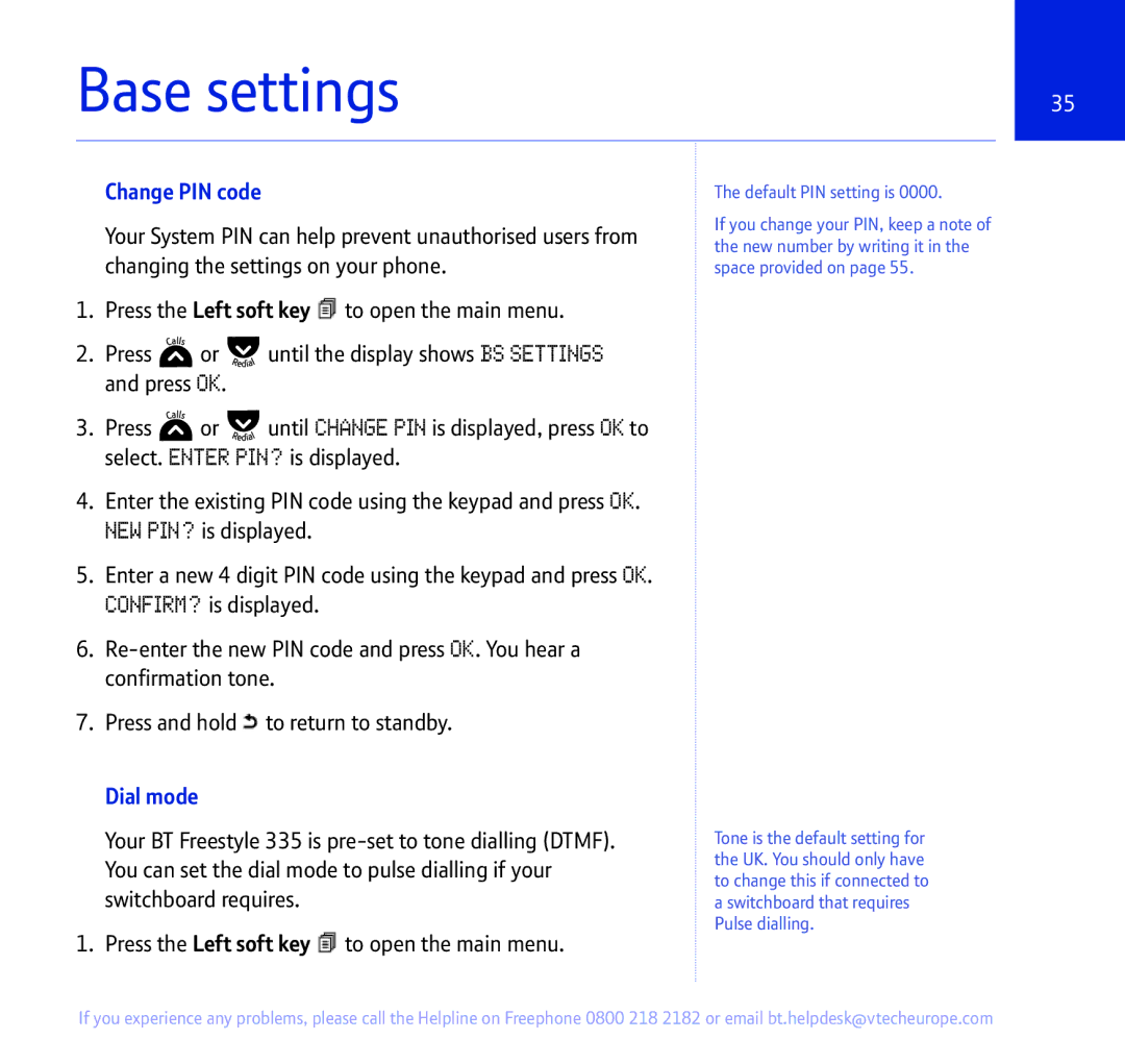 BT 335 manual Base settings, Change PIN code, Dial mode 