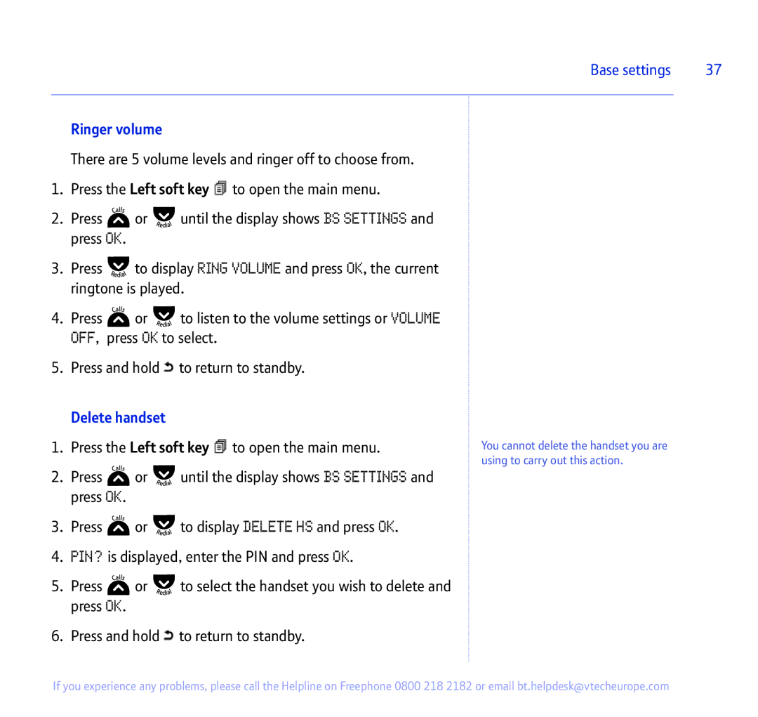 BT 335 manual Ringer volume, Delete handset 