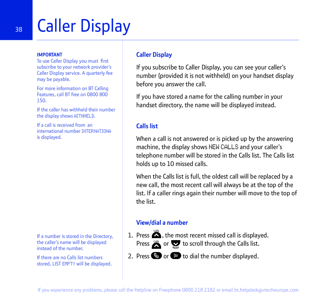 BT 335 manual Caller Display, Calls list, View/dial a number 