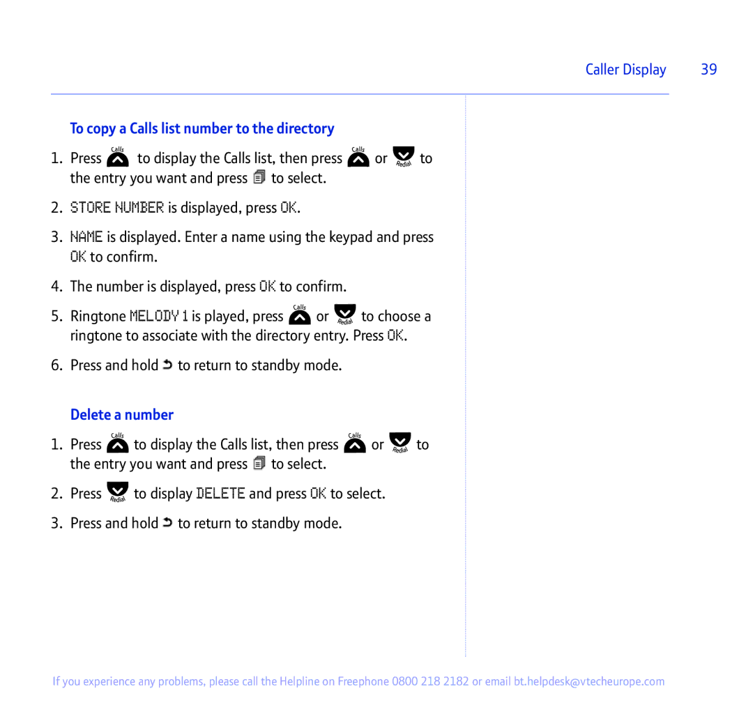 BT 335 manual To copy a Calls list number to the directory, Delete a number 