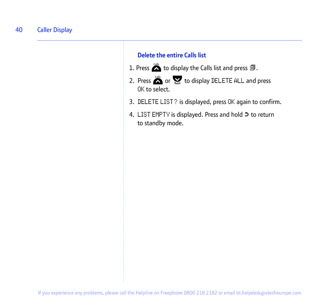 BT 335 manual Delete the entire Calls list 