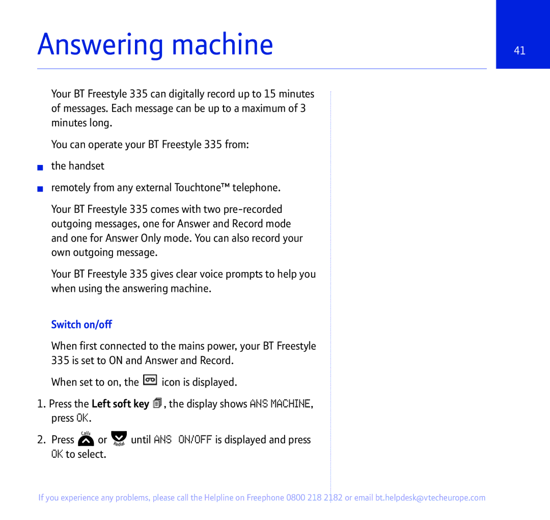 BT 335 manual Answering machine, Switch on/off 