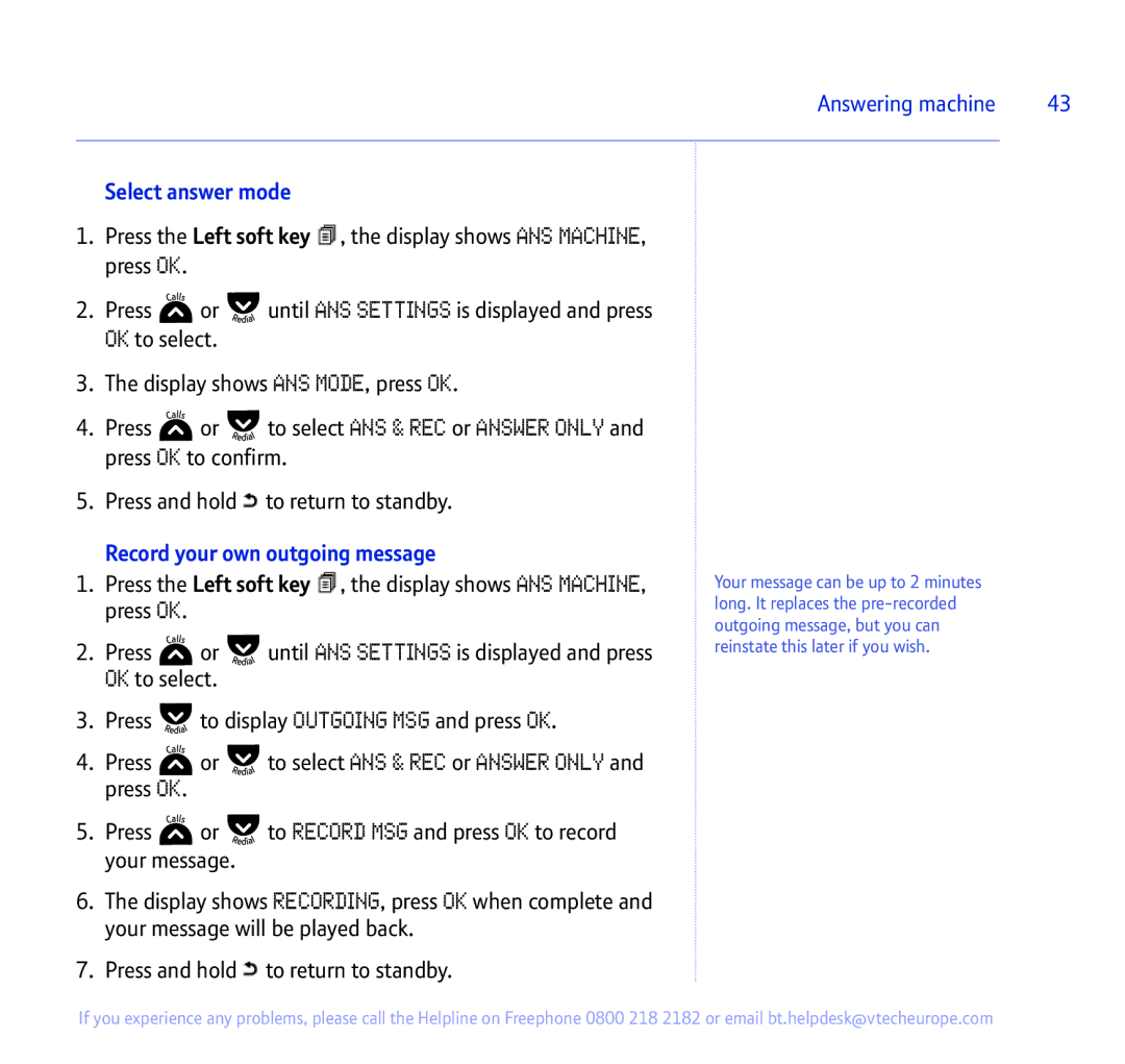 BT 335 manual Select answer mode, Record your own outgoing message 