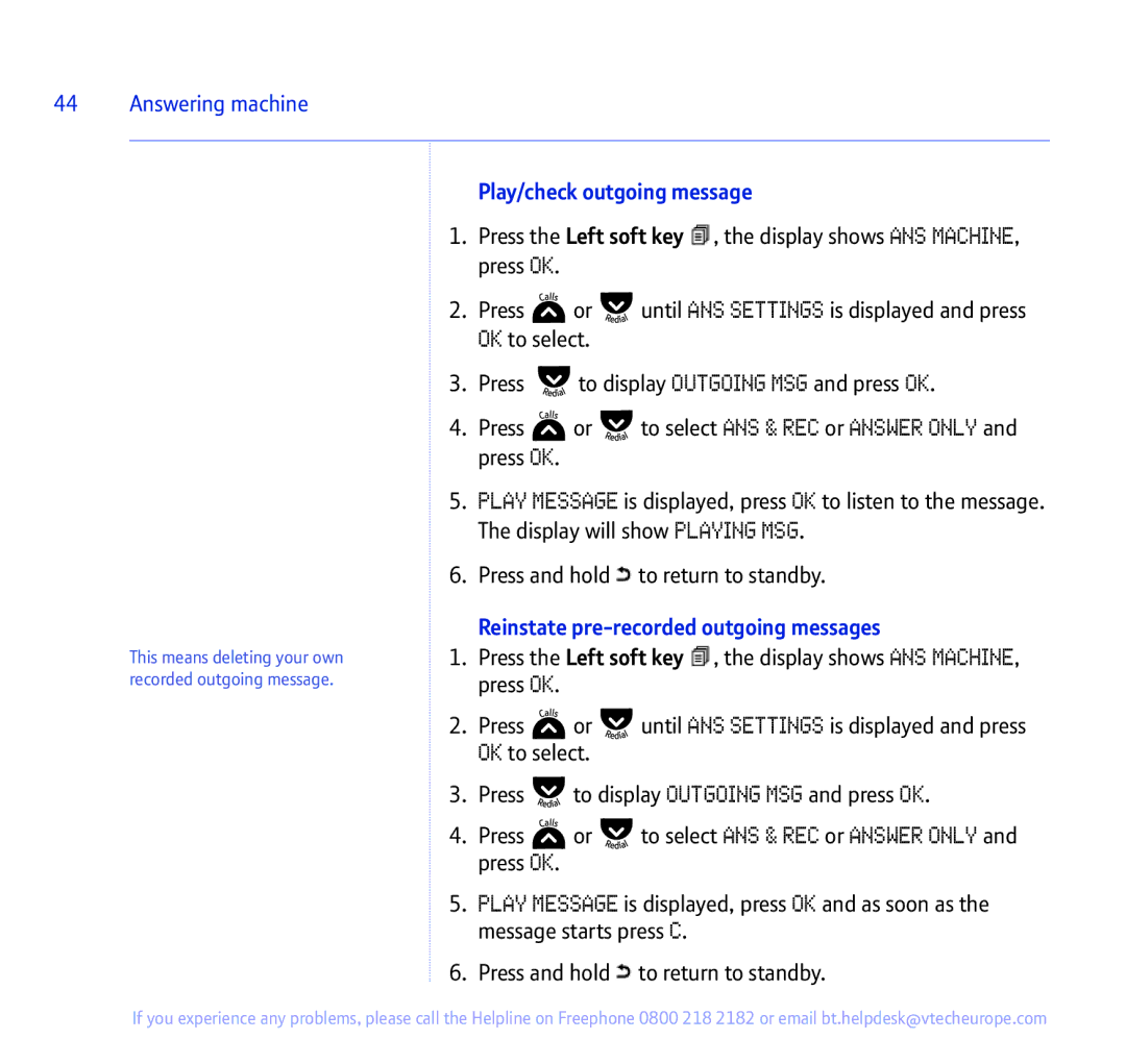 BT 335 manual Play/check outgoing message, Reinstate pre-recorded outgoing messages 