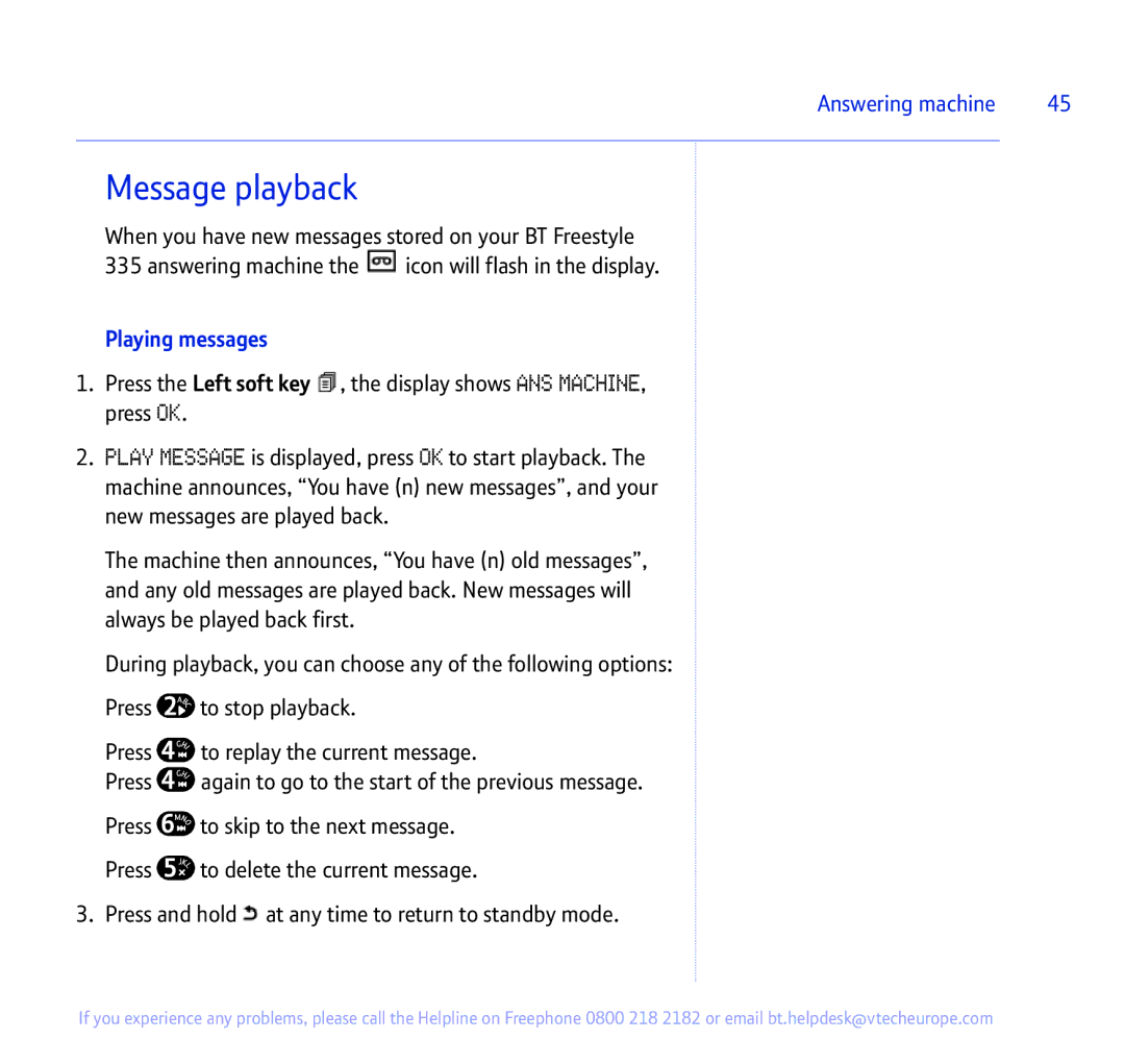 BT 335 manual Message playback, Playing messages 