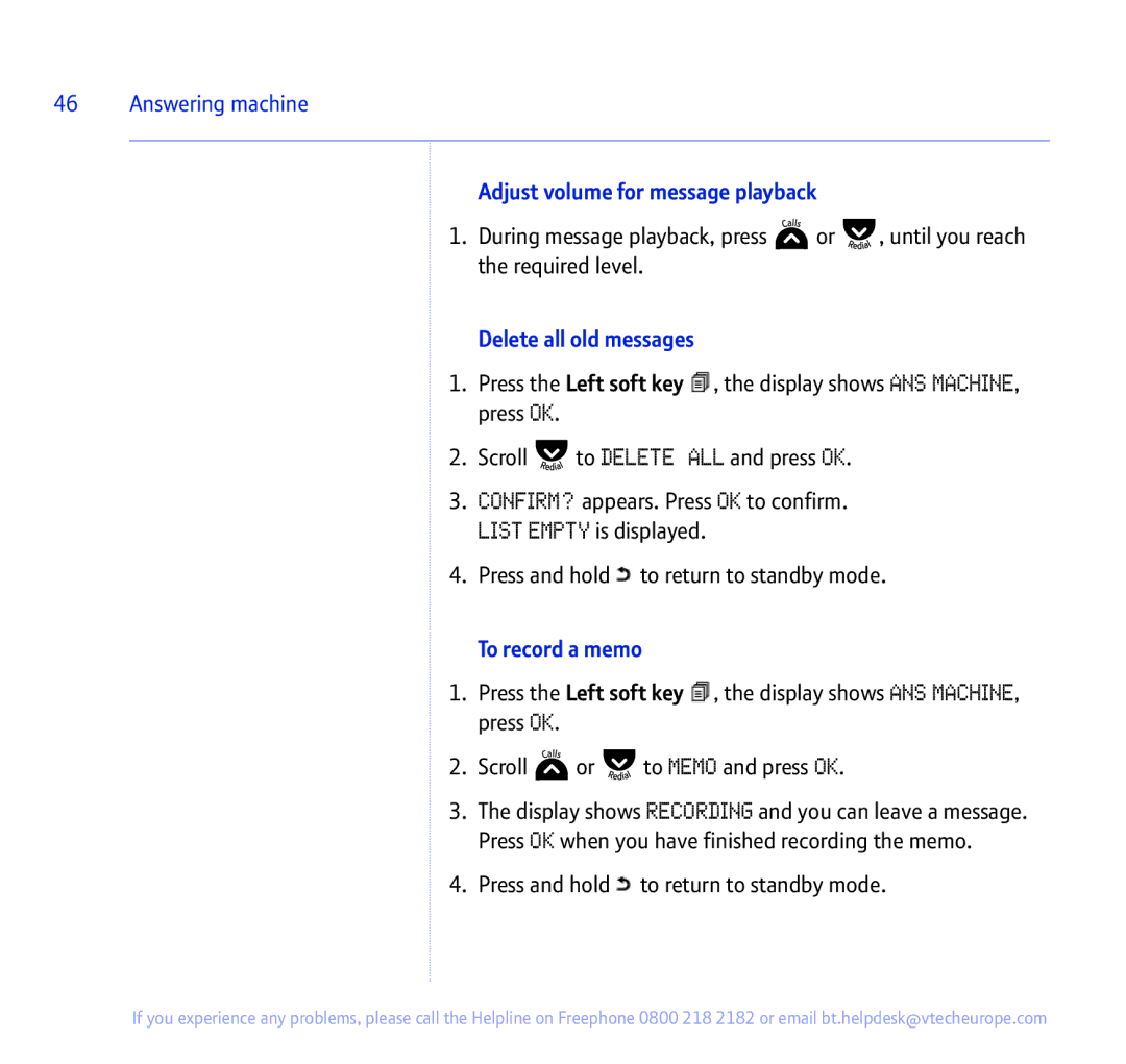 BT 335 manual Adjust volume for message playback, Delete all old messages, To record a memo 