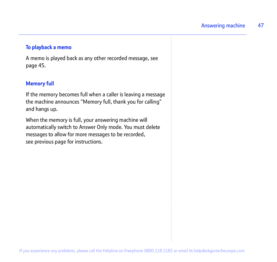 BT 335 manual To playback a memo, Memory full 