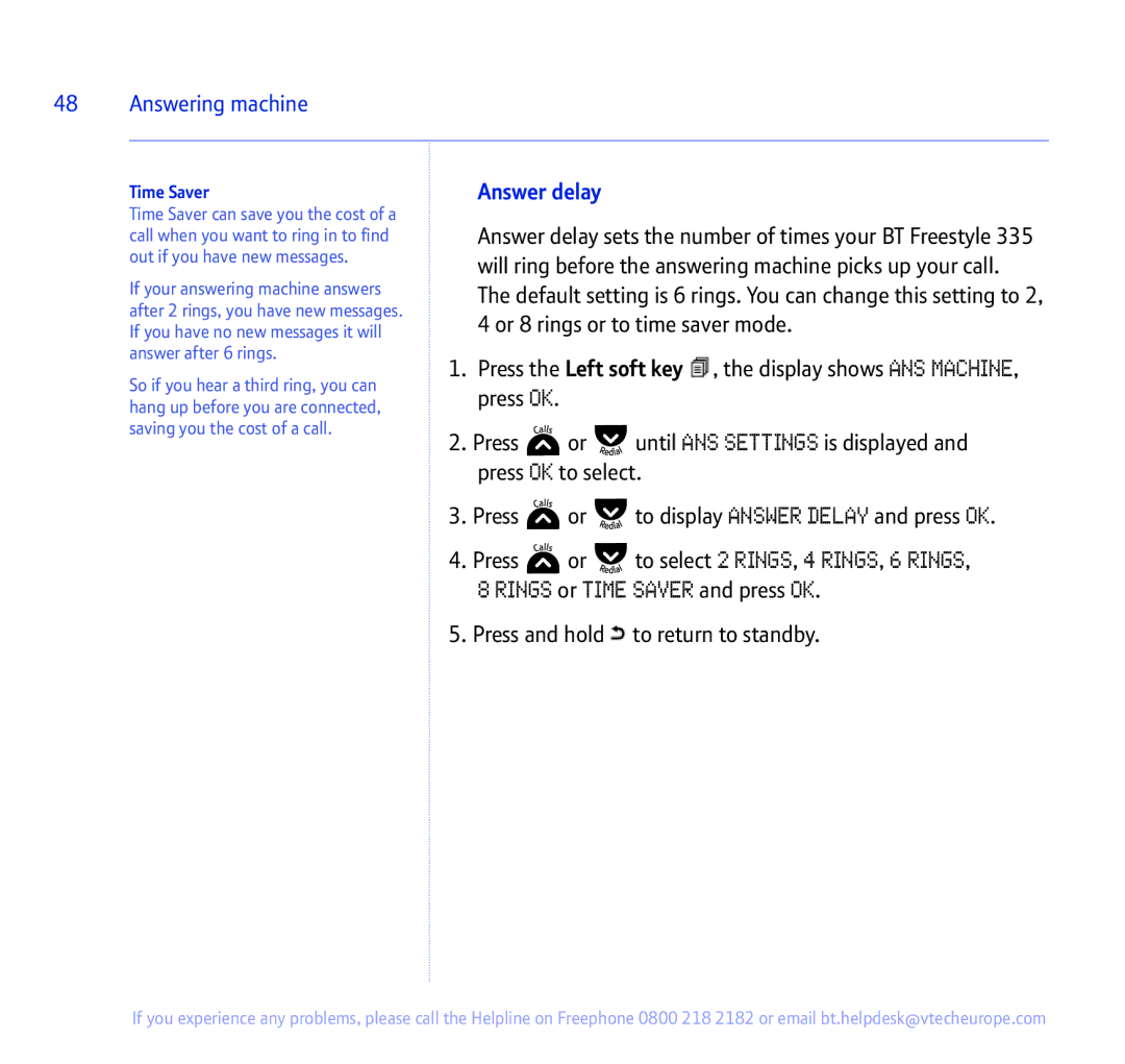 BT 335 manual Answer delay, Time Saver 