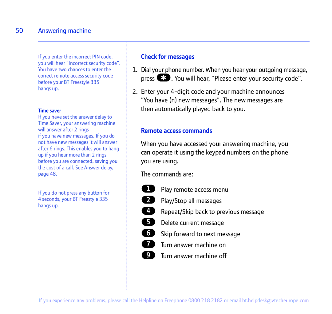 BT 335 manual Check for messages, Remote access commands 