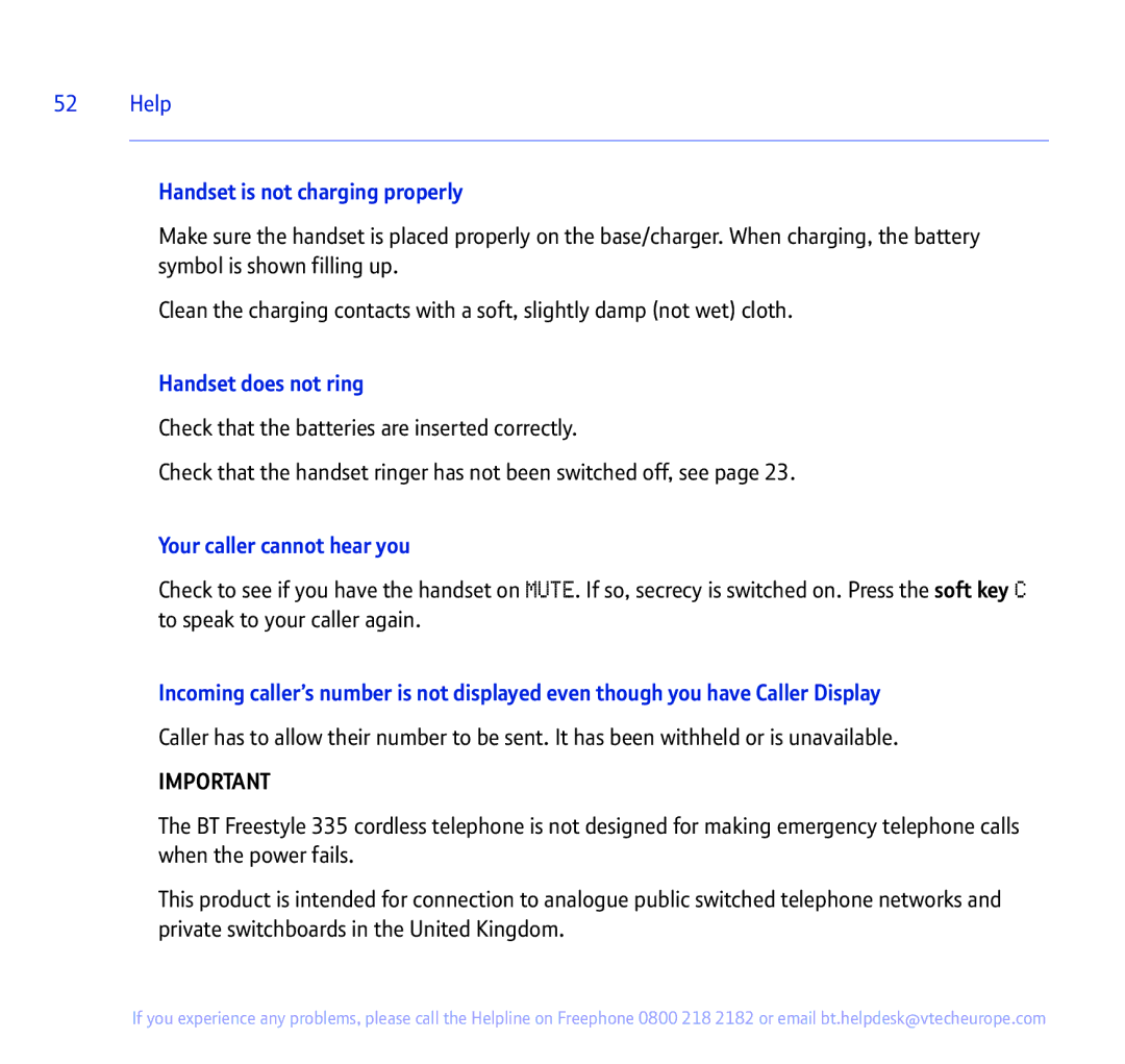BT 335 manual Handset is not charging properly, Handset does not ring, Your caller cannot hear you 