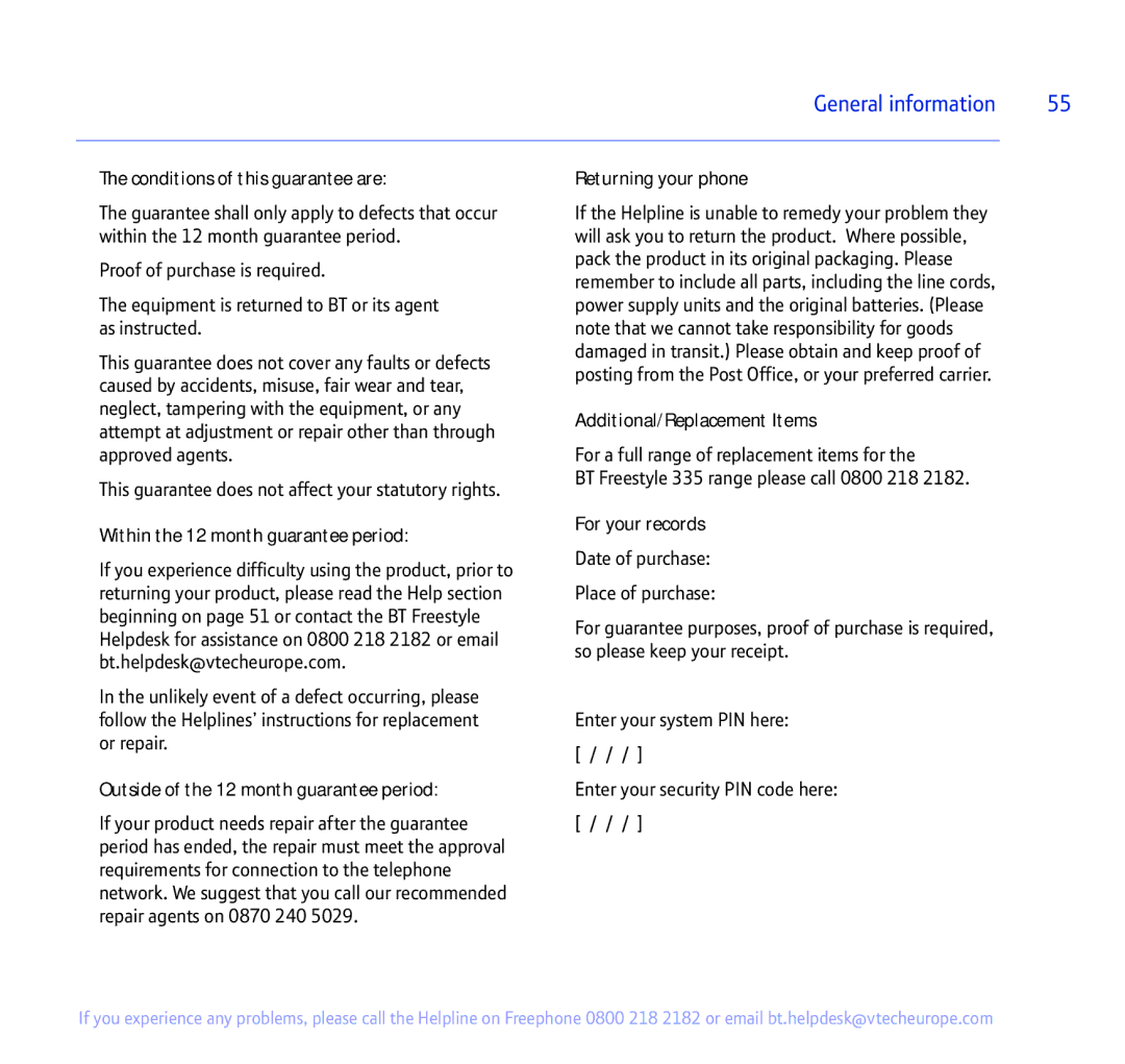 BT 335 manual Additional/Replacement Items 