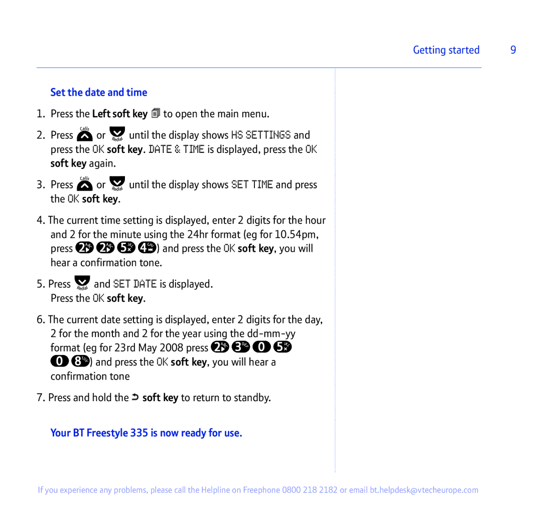 BT manual Set the date and time, Your BT Freestyle 335 is now ready for use 