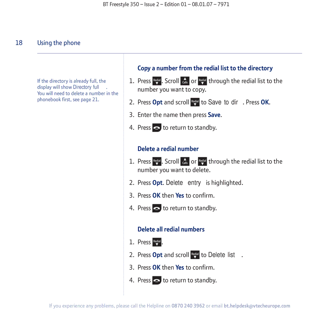 BT 350 manual Copy a number from the redial list to the directory, Delete a redial number, Delete all redial numbers 