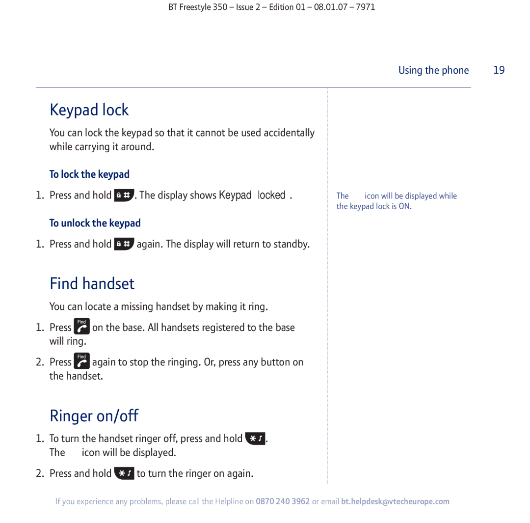 BT 350 manual Keypad lock, Find handset, Ringer on/off, To unlock the keypad 