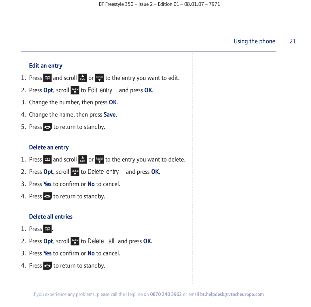 BT 350 manual Edit an entry, Delete an entry, Delete all entries 