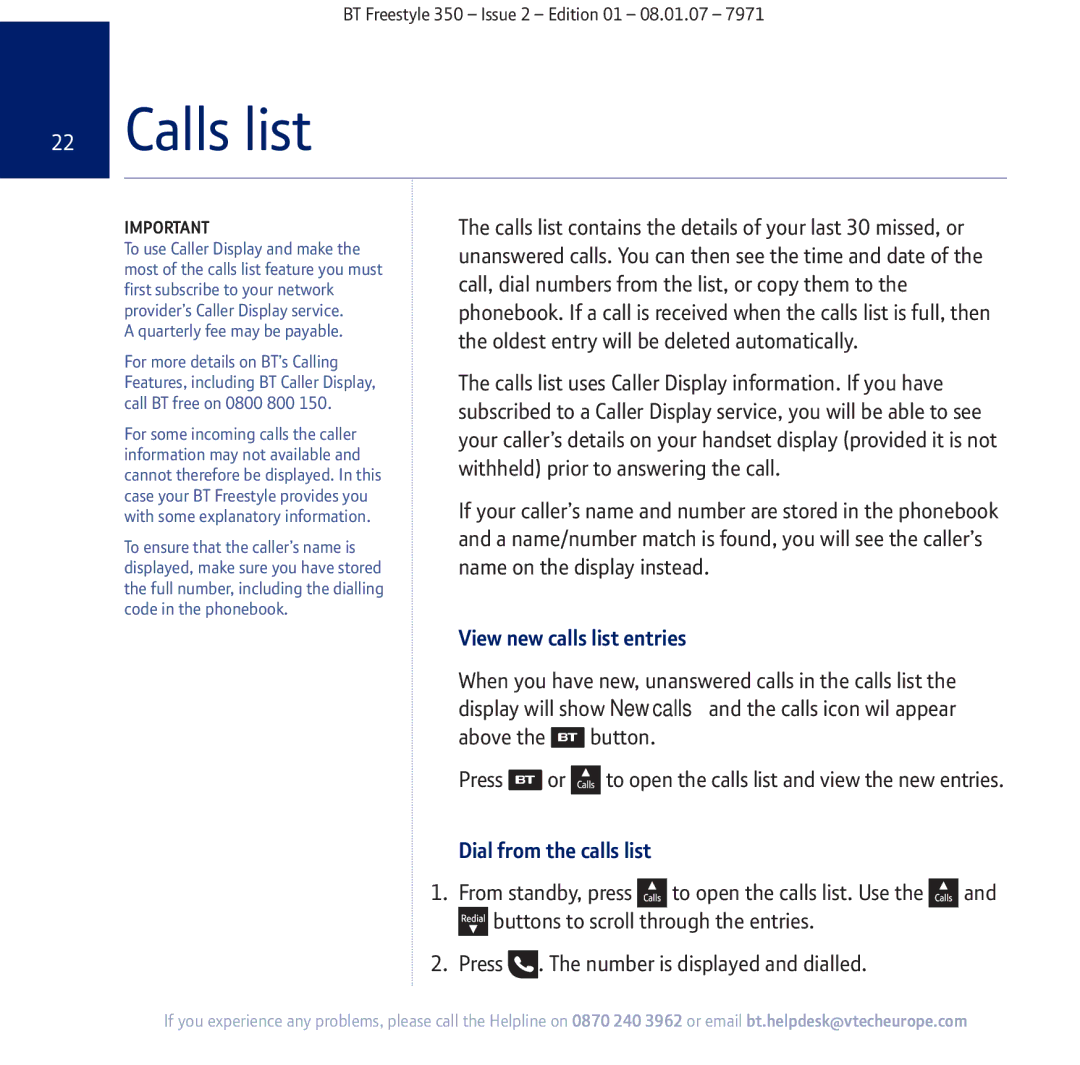 BT 350 manual Calls list, View new calls list entries, Dial from the calls list 