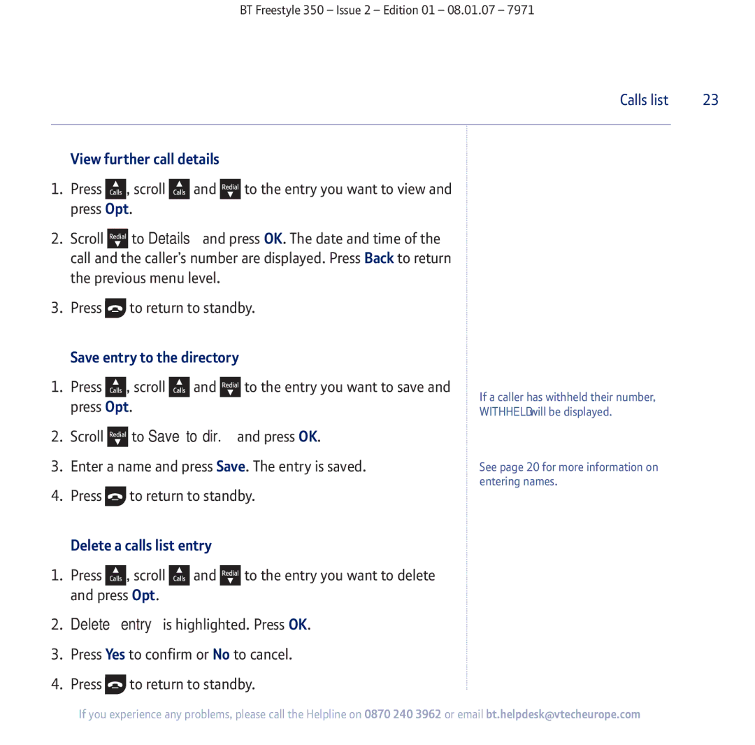 BT 350 manual View further call details, Save entry to the directory, Delete a calls list entry 