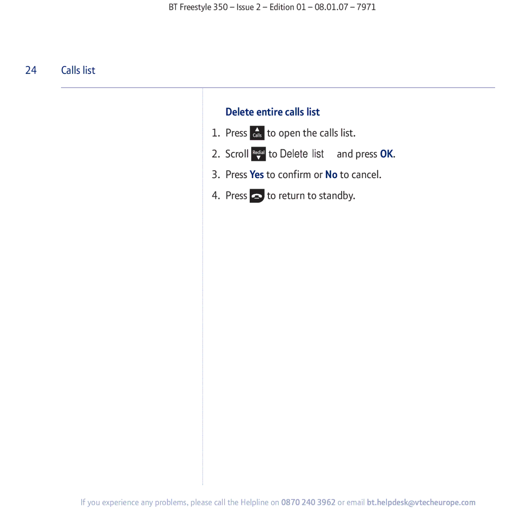 BT 350 manual Delete entire calls list 