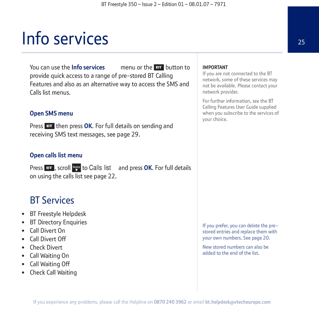 BT 350 manual Info services, BT Services, Open SMS menu, Open calls list menu 