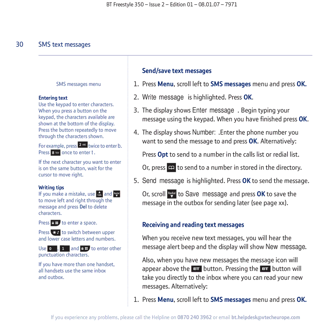 BT 350 manual Send/save text messages, Receiving and reading text messages, Entering text 