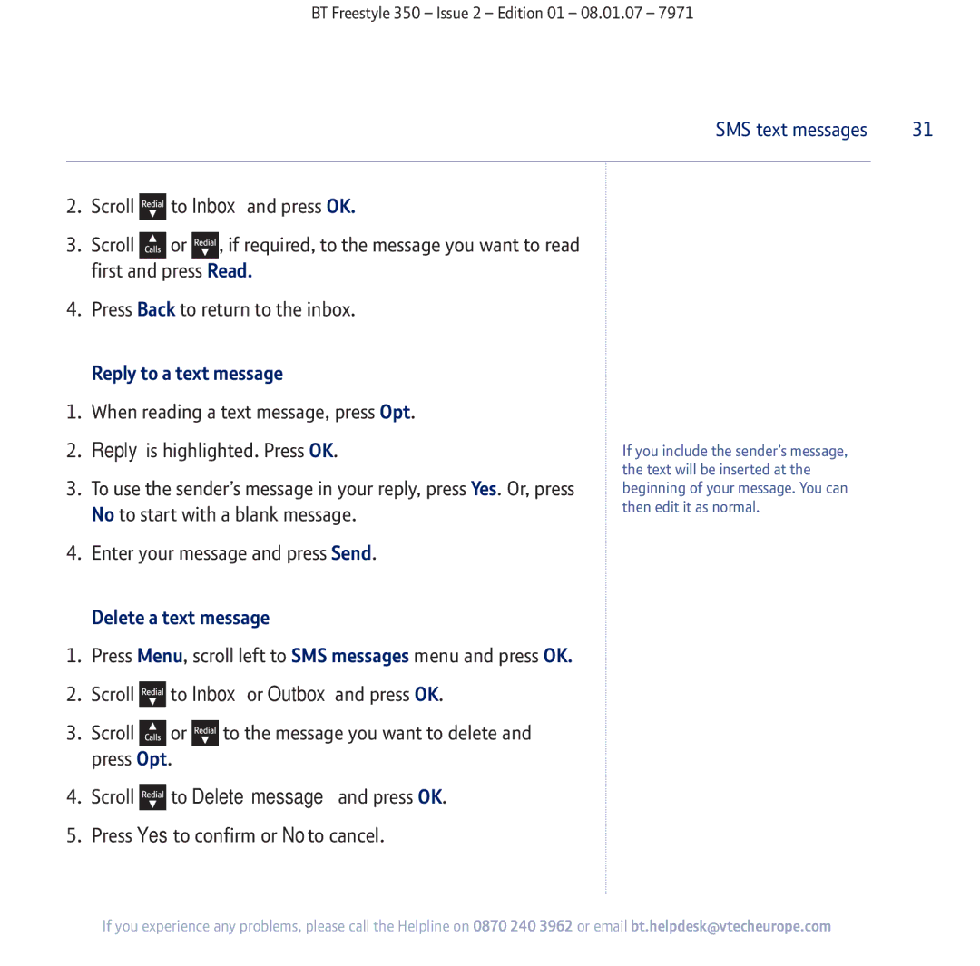 BT 350 manual Reply to a text message, Delete a text message 