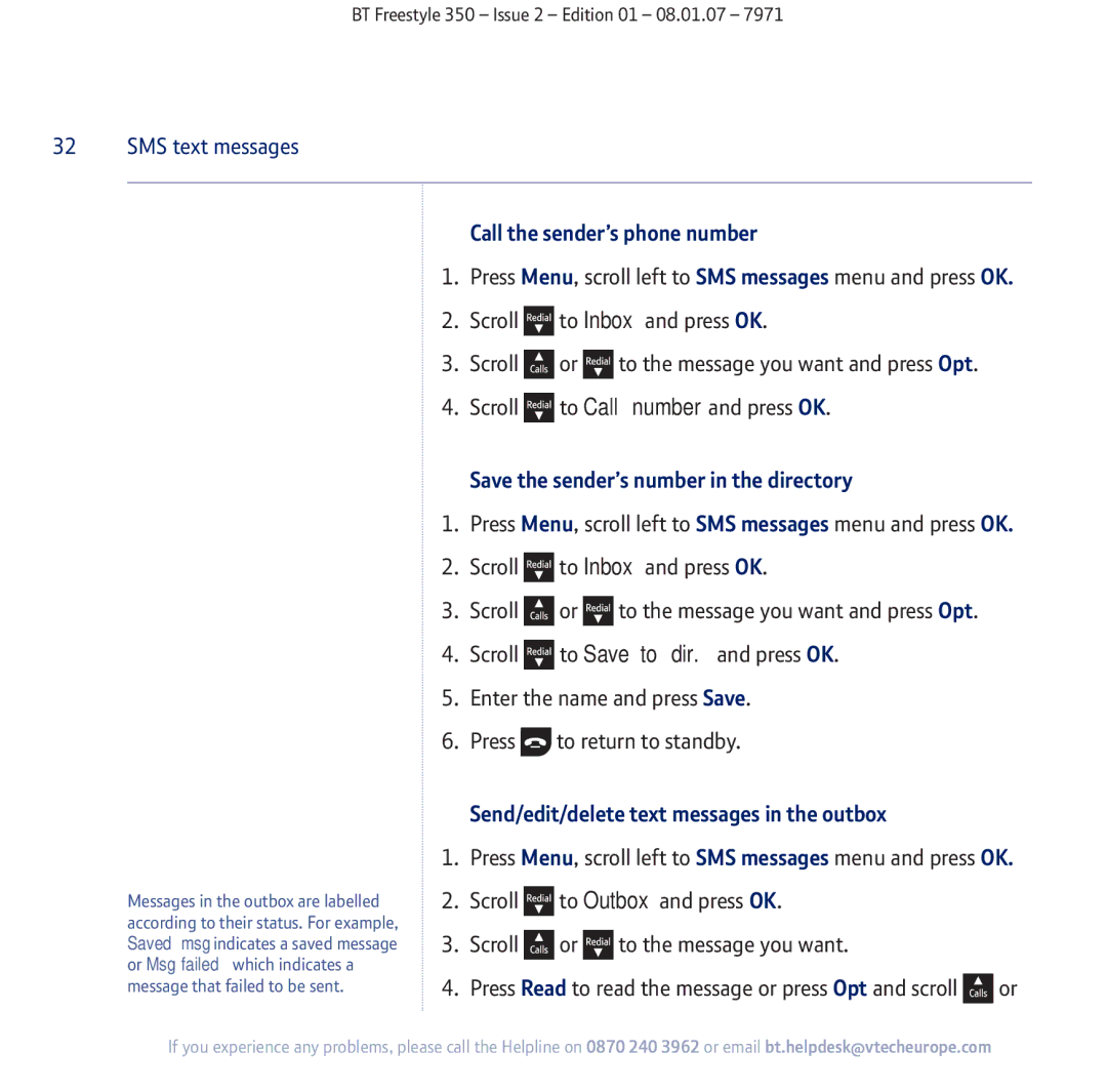 BT 350 manual Call the sender’s phone number, Save the sender’s number in the directory 