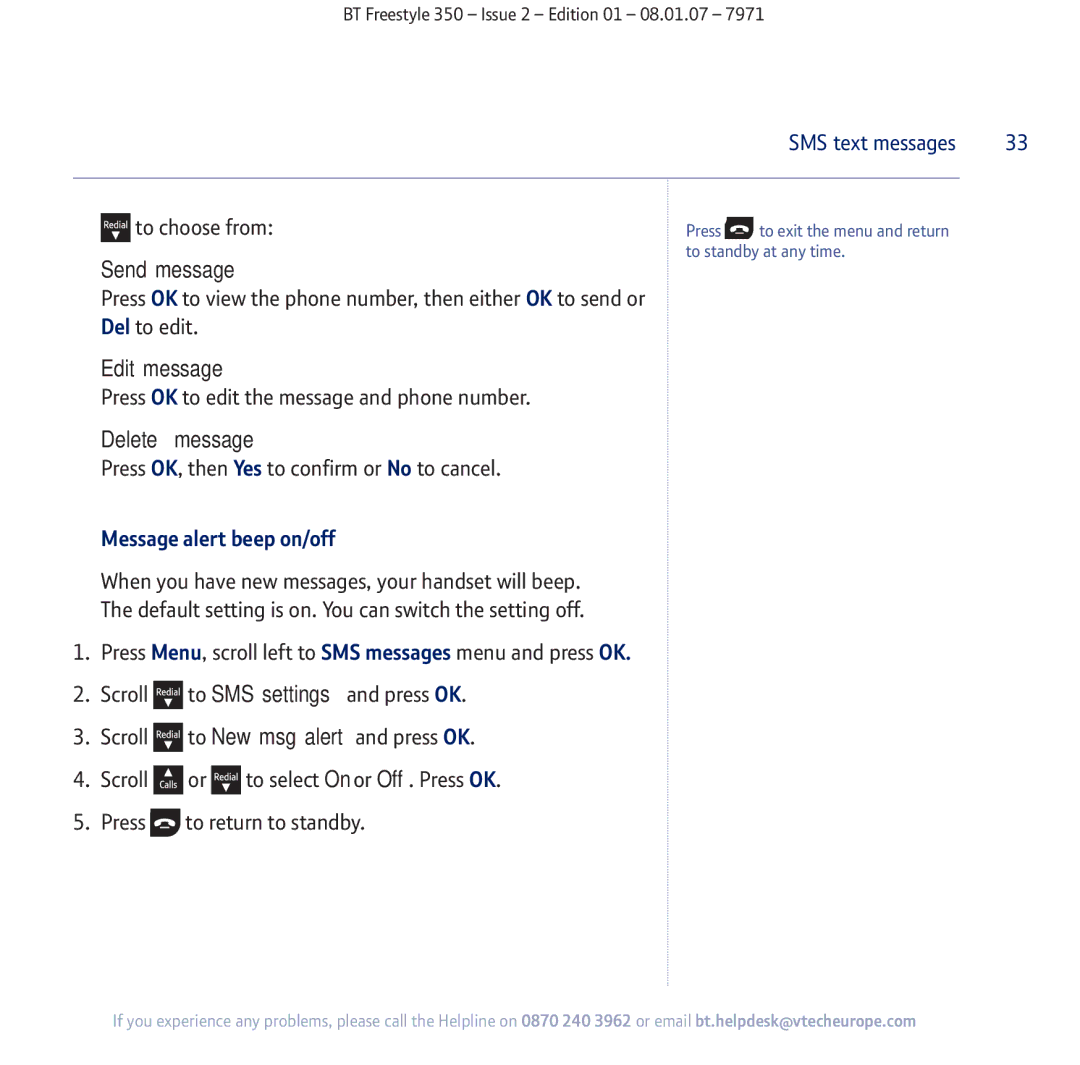 BT 350 manual Delete message, Message alert beep on/off 