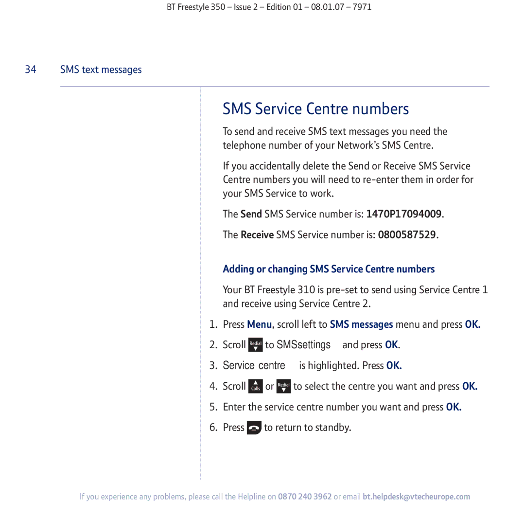 BT 350 manual Adding or changing SMS Service Centre numbers 