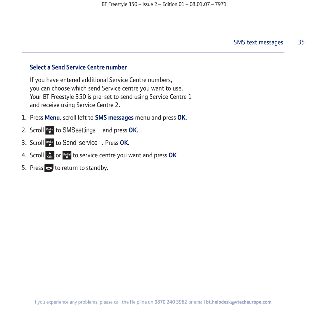 BT 350 manual Select a Send Service Centre number 