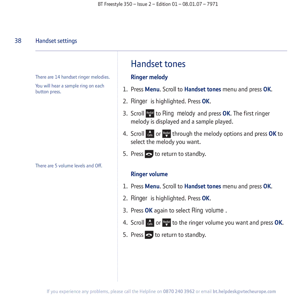 BT 350 manual Handset tones, Ringer melody, Ringer volume 
