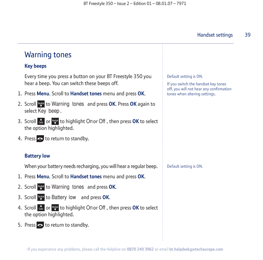 BT 350 manual Key beeps, Battery low 
