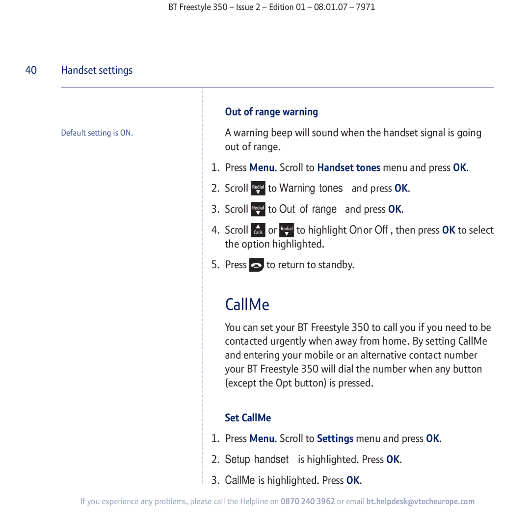 BT 350 manual Out of range warning, Set CallMe 