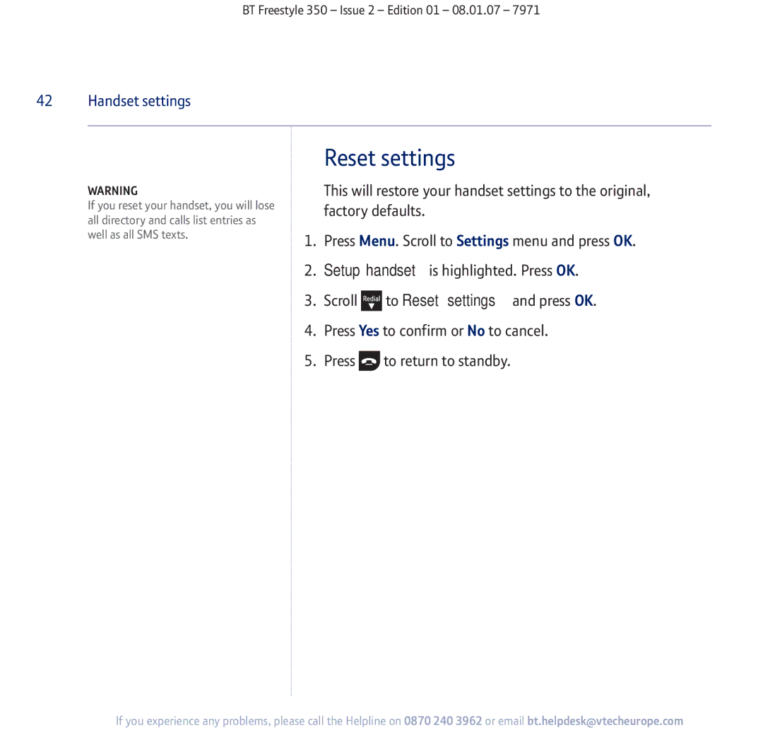 BT 350 manual Reset settings 