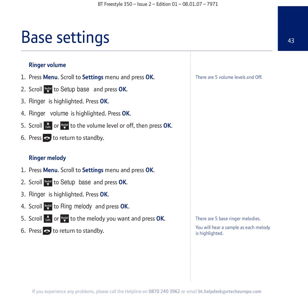 BT 350 manual Base settings, Ringer volume 