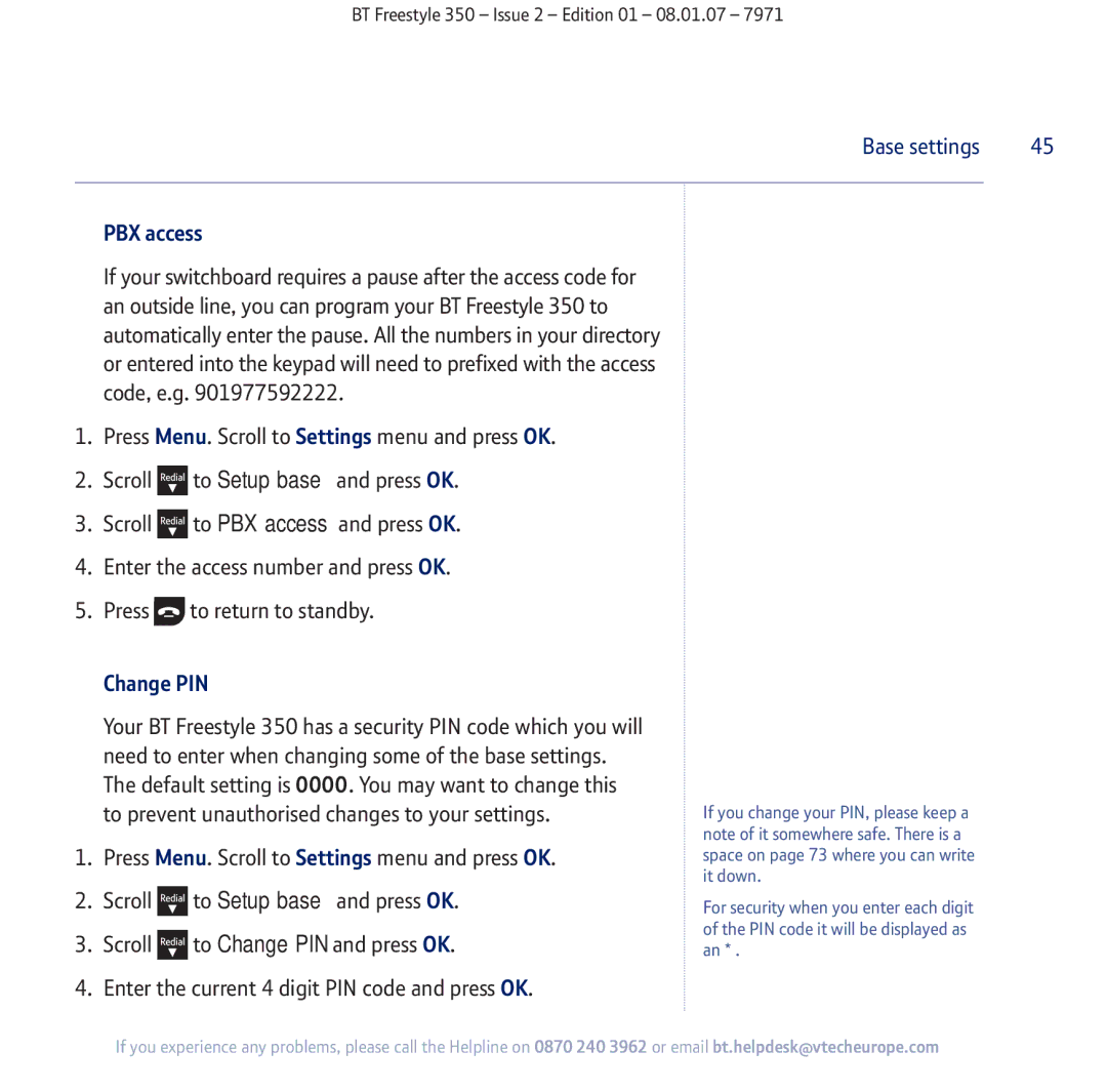 BT 350 manual PBX access, Change PIN 