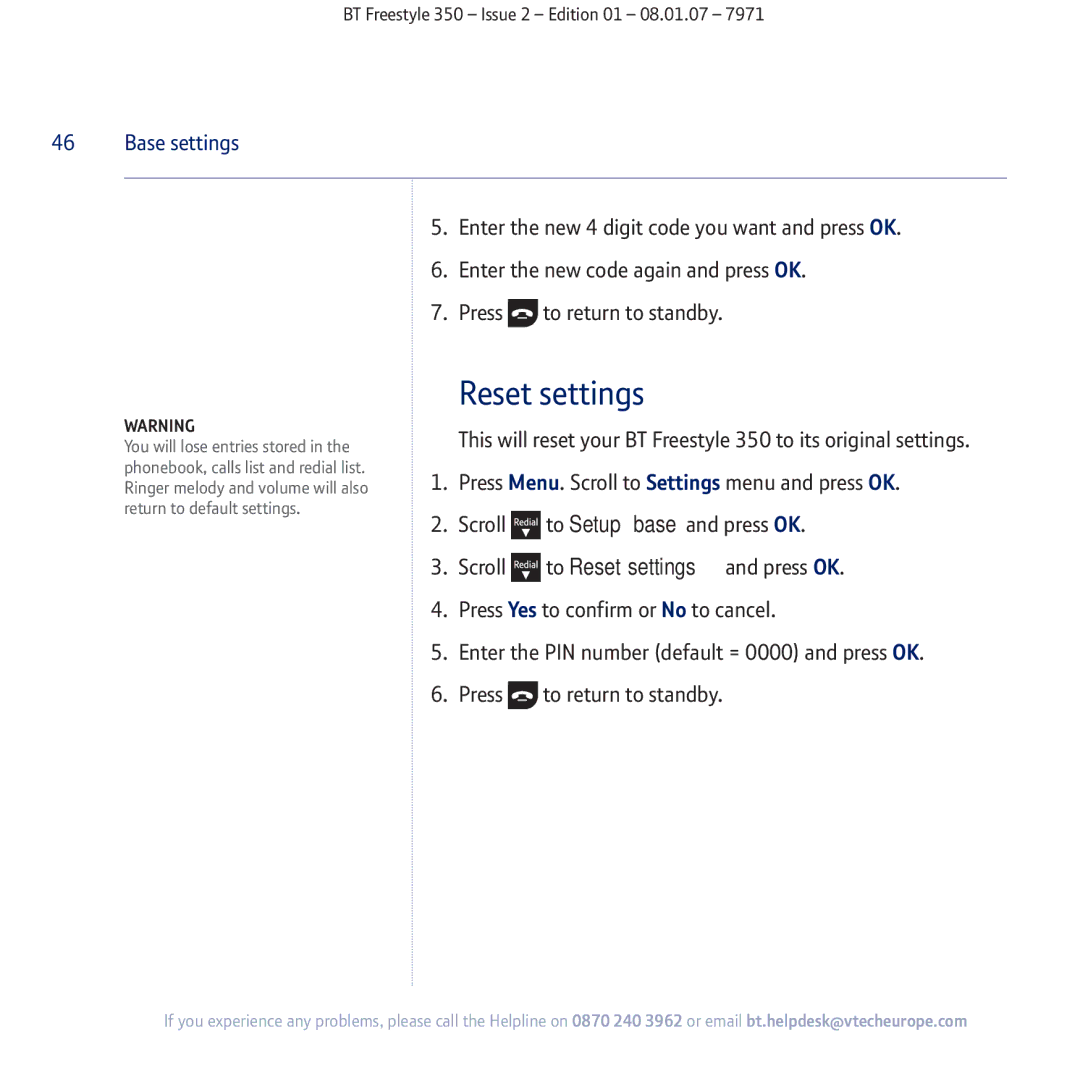 BT 350 manual Reset settings 