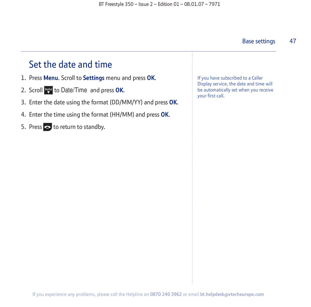 BT 350 manual Set the date and time 