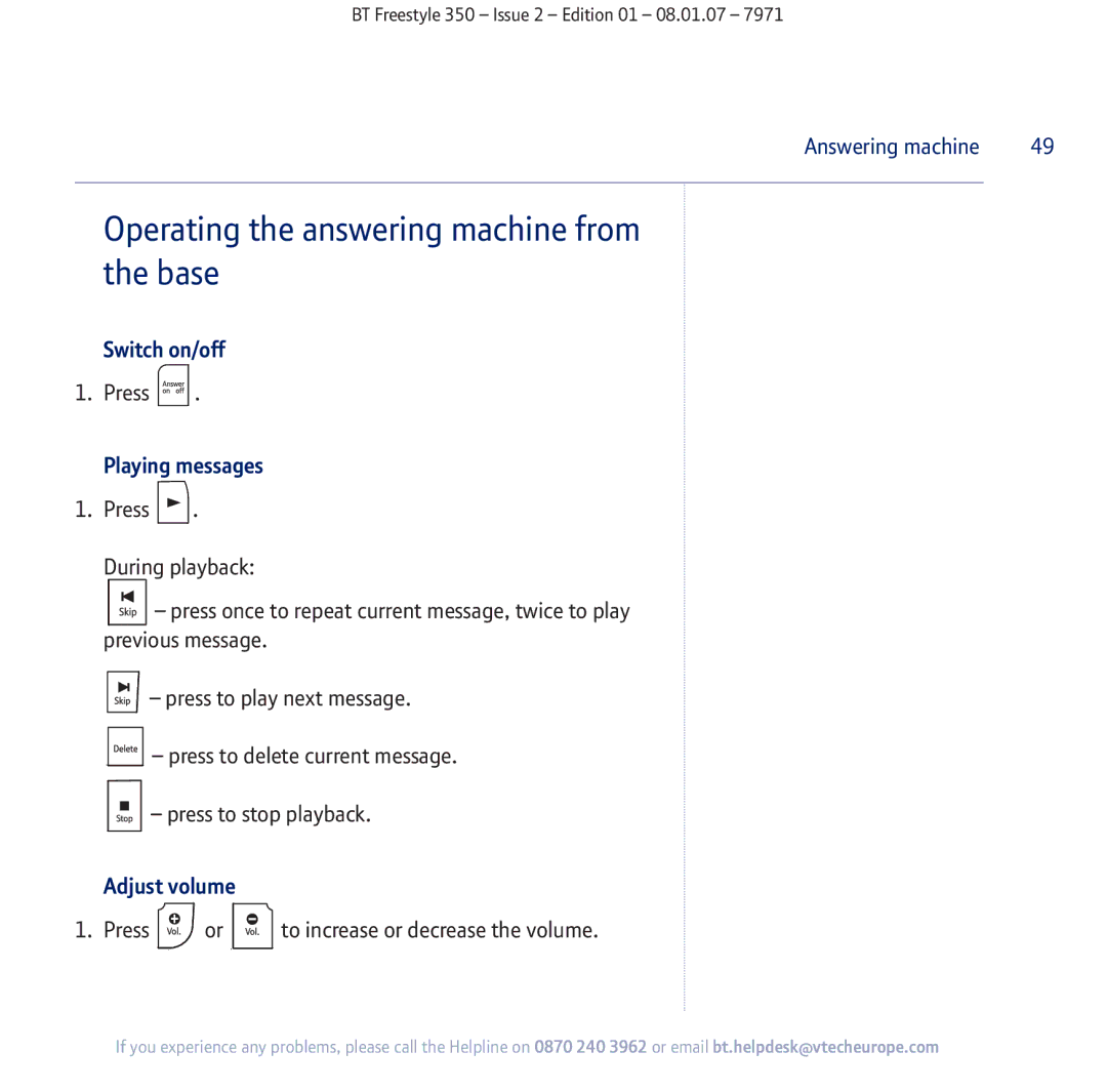 BT 350 manual Operating the answering machine from the base, Switch on/off, Playing messages, Adjust volume 